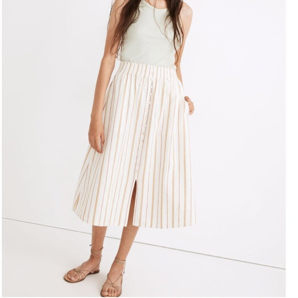 Madewell Linen-Cotton Smocked-Waist Button-Front Midi Skirt
